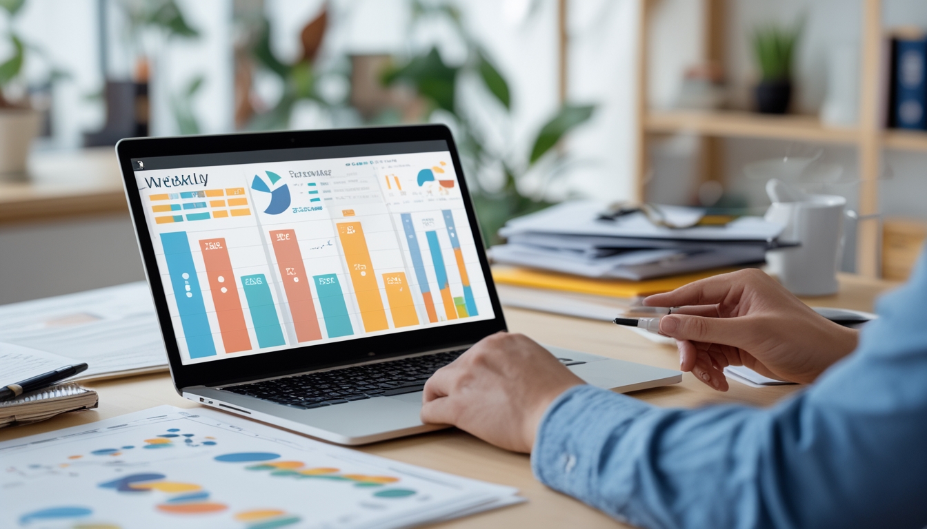 Meja kerja dengan laptop yang menampilkan grafik dan tabel data mingguan dan bulanan, tangan seseorang menunjuk layar untuk analisis.
