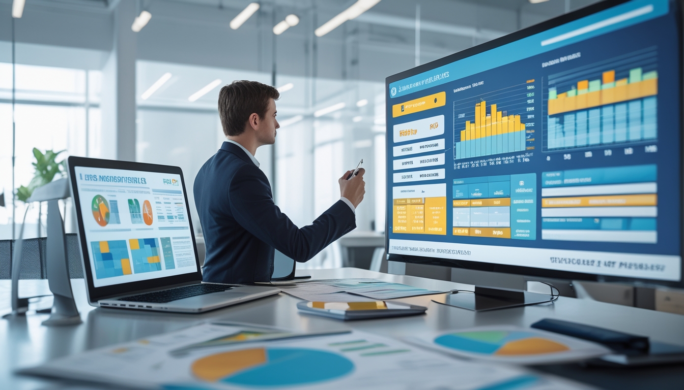 Seorang profesional di kantor sedang menganalisis data pada layar komputer dengan grafik dan laporan di meja.