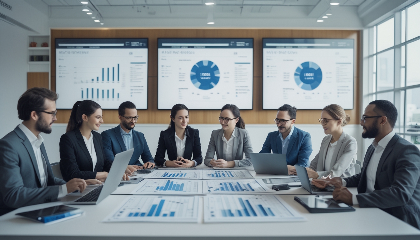 Sekelompok profesional sedang berdiskusi di ruang kantor dengan laptop dan grafik data di meja.