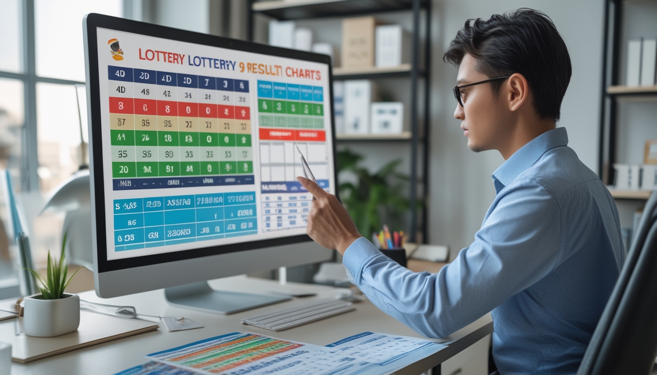 Seseorang sedang menganalisis data hasil togel mingguan dan bulanan di depan layar komputer di kantor.