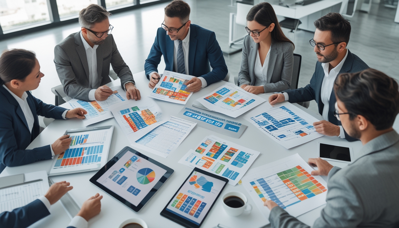 Sekelompok profesional sedang berdiskusi dan menganalisis data lotre di meja kantor dengan grafik dan lembar kerja.