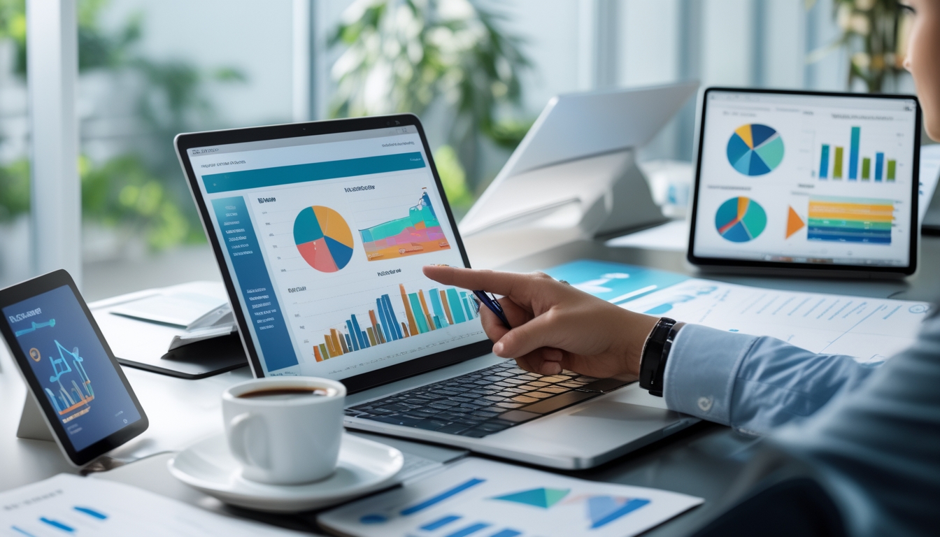 Seorang profesional sedang menganalisis data di meja kerja dengan perangkat digital dan dokumen di ruang kantor yang terang.