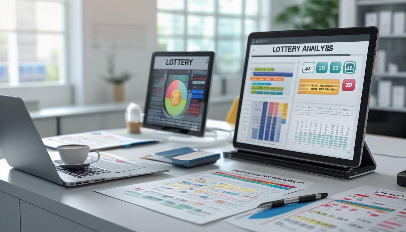 Ruang kerja modern dengan laptop dan tablet menampilkan grafik dan tabel data togel, kertas berisi angka tersebar di meja, suasana terang dan terorganisir.