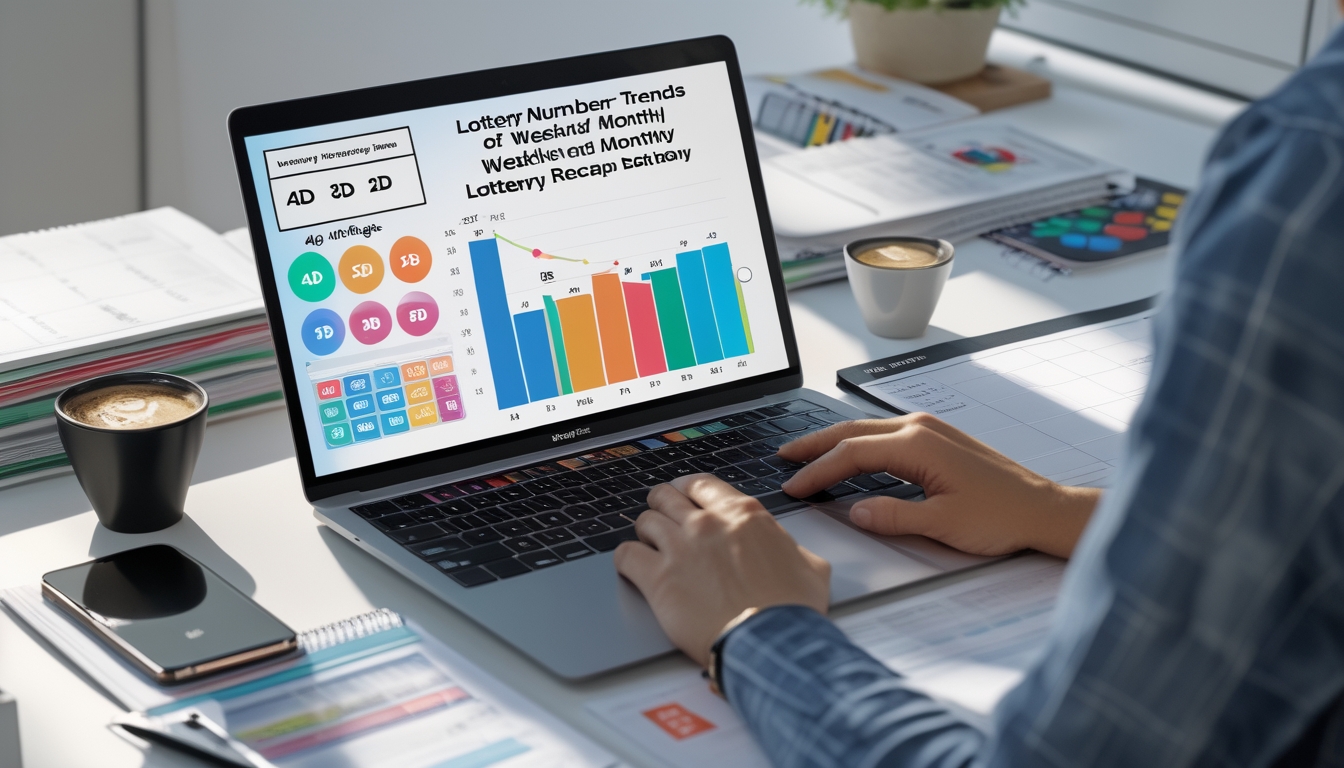 Meja kerja dengan laptop yang menampilkan grafik data, dokumen tertata rapi, kalender mingguan dan bulanan, serta cangkir kopi.