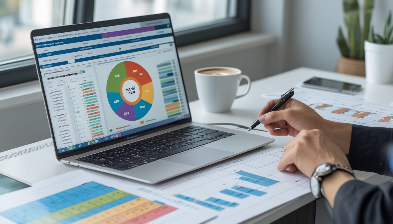Seseorang sedang menganalisis data di meja kerja dengan laptop yang menampilkan grafik dan tabel, di ruang kantor yang terang dan rapi.