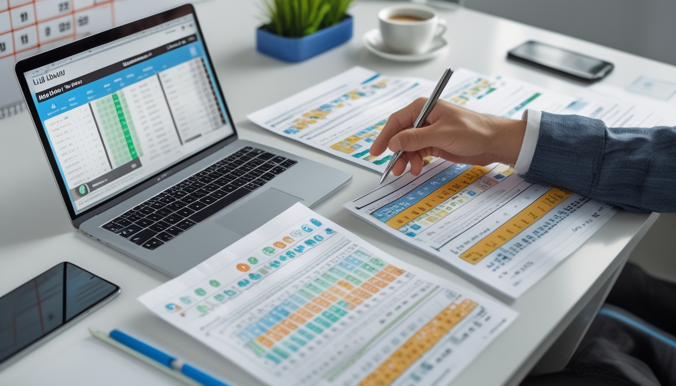 Meja kerja dengan laptop, kertas berisi tabel angka, dan tangan seseorang sedang menunjuk data untuk analisis strategi taruhan togel.