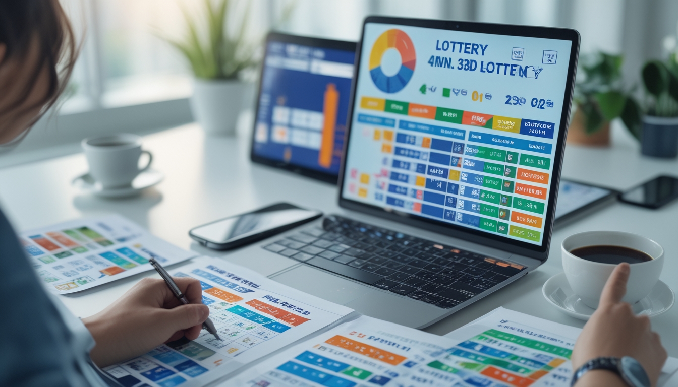 Meja kerja dengan perangkat digital dan kertas berisi data angka togel 4D, 3D, dan 2D, dengan tangan seseorang menunjuk layar dan menulis catatan.