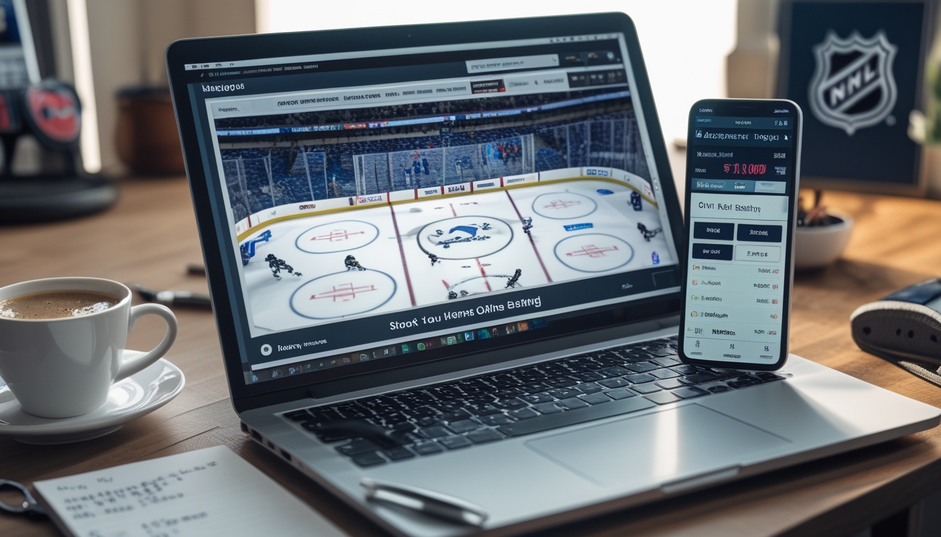 Sebuah meja kerja dengan laptop yang menampilkan pertandingan hoki NHL dan smartphone dengan aplikasi taruhan, dikelilingi alat tulis dan dekorasi bertema hoki.