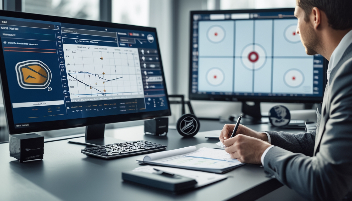 Seorang profesional sedang menganalisis data statistik NHL di meja kerja dengan beberapa layar komputer yang menampilkan grafik dan statistik pemain hoki.