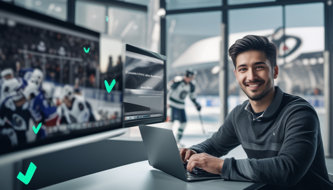 Seorang dewasa muda duduk di depan laptop yang menampilkan situs taruhan NHL online, dengan latar belakang arena hoki dan suasana yang aman dan percaya diri.