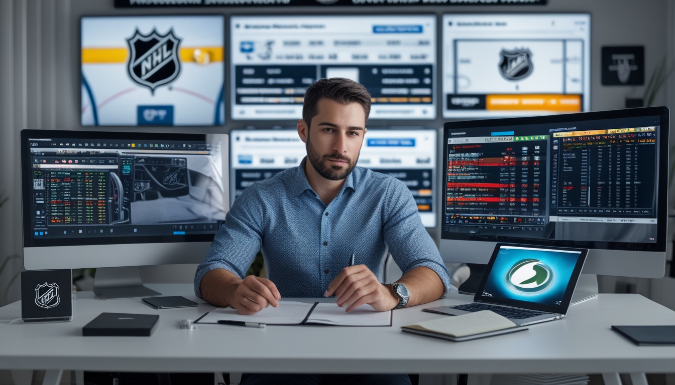 Seorang pria sedang duduk di depan beberapa layar komputer yang menampilkan statistik dan skor pertandingan hoki es NHL, sambil menganalisis data di kantor rumah yang modern.