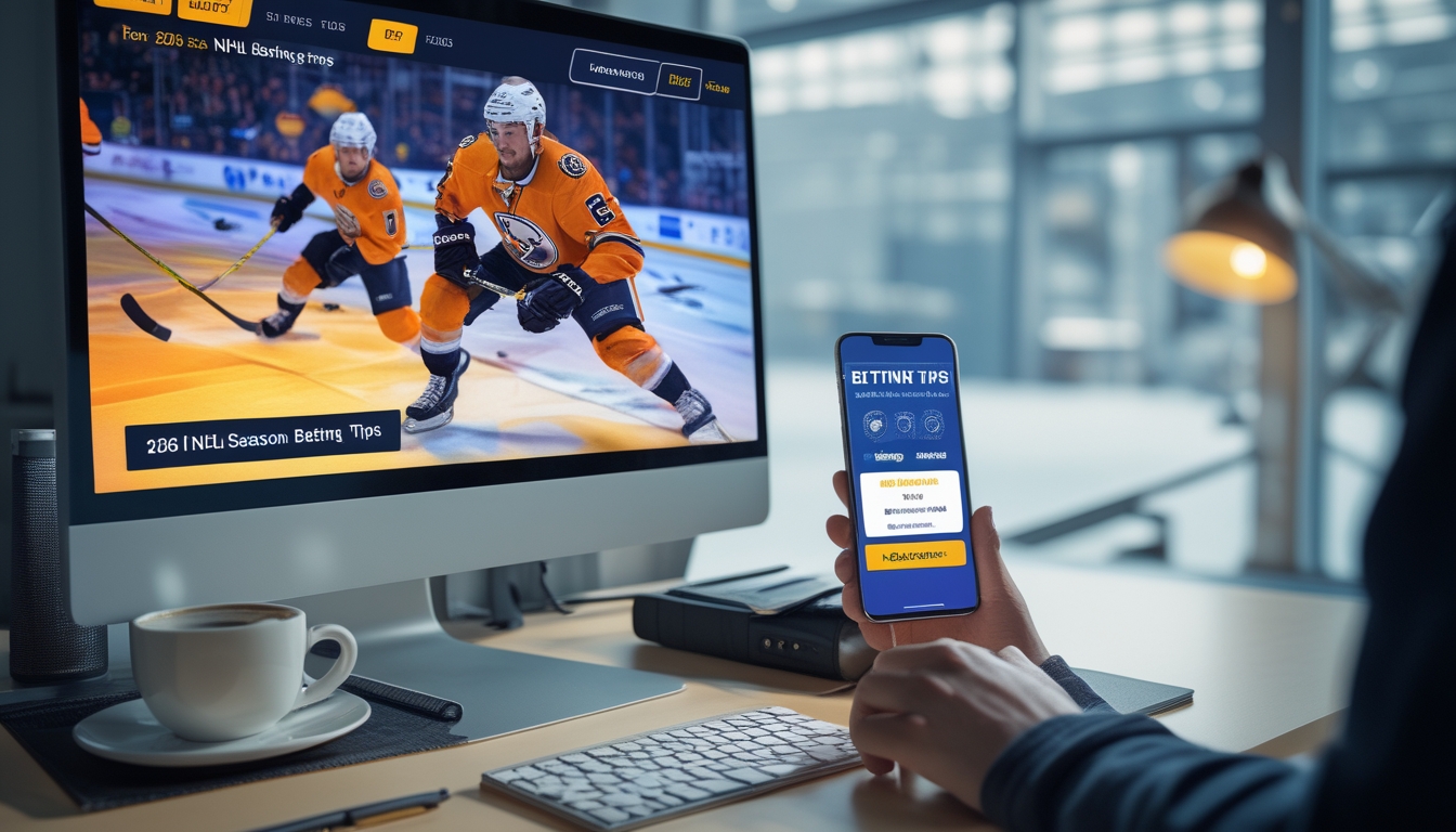 Sebuah meja kerja dengan komputer dan ponsel yang menampilkan pertandingan hoki NHL dan aplikasi taruhan dengan penawaran bonus.