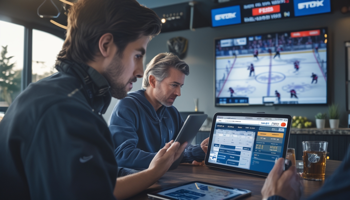 Beberapa orang menonton pertandingan hoki es NHL secara langsung sambil menggunakan perangkat digital untuk menganalisis strategi taruhan.