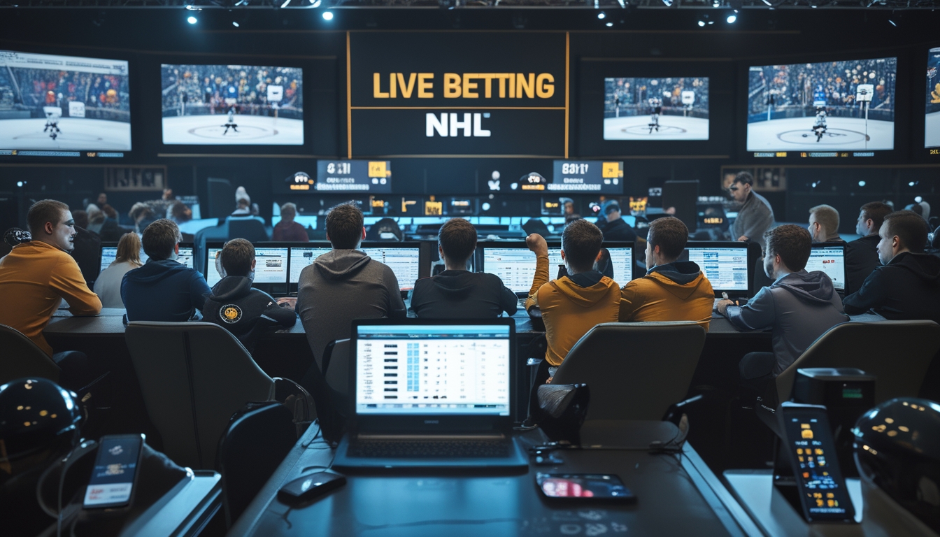 Sekelompok orang yang sedang memperhatikan pertandingan hoki NHL secara langsung dan menggunakan perangkat elektronik untuk memasang taruhan.