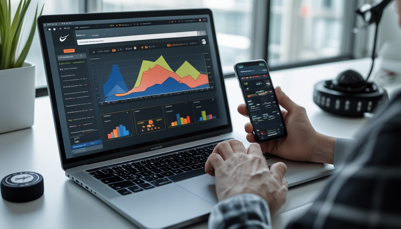 Seseorang menggunakan laptop dan smartphone di meja kerja dengan grafik statistik tim NHL yang ditampilkan di layar.