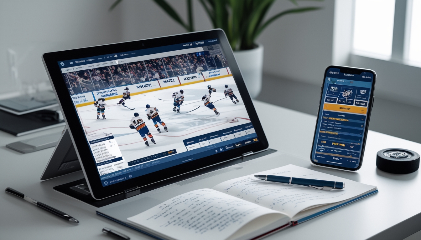 Meja kerja dengan laptop menampilkan pertandingan hoki es NHL, buku catatan dengan tulisan tangan, dan ponsel yang menunjukkan peluang taruhan.