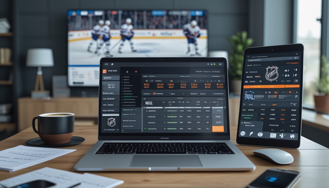 Seorang pria sedang menggunakan laptop di meja kerja dengan layar menampilkan data taruhan NHL, di latar belakang televisi menayangkan pertandingan hoki es NHL secara langsung.