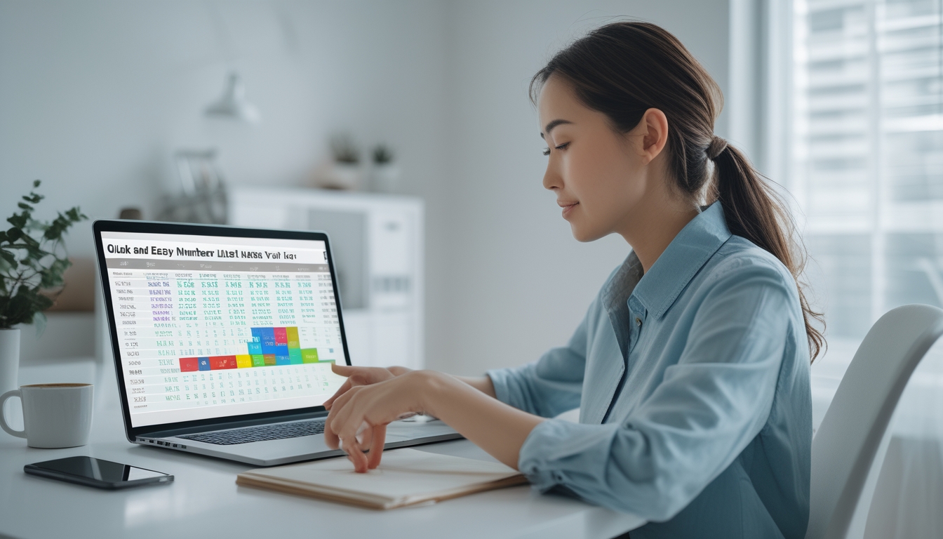 Seorang wanita muda duduk di meja kerja dengan laptop, melihat layar yang menampilkan data angka togel, di ruang kantor rumah yang terang dan rapi.