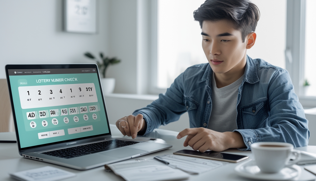 Seorang dewasa muda sedang menggunakan laptop dan ponsel di meja kerja untuk memeriksa hasil togel dengan suasana yang terang dan rapi.