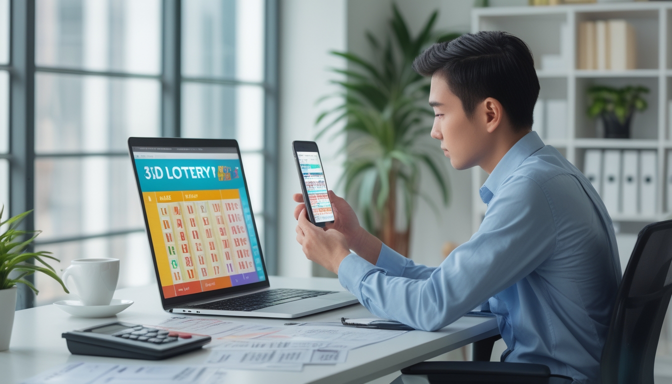 Seseorang duduk di meja kerja modern menggunakan laptop dan ponsel untuk memeriksa hasil togel dengan suasana kantor yang terang dan rapi.