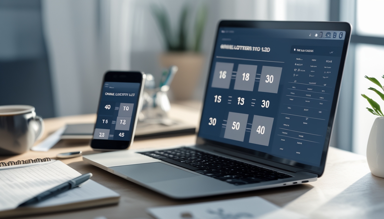 Seorang pengguna bekerja di meja dengan laptop dan ponsel yang menampilkan antarmuka aplikasi togel online, dikelilingi oleh alat tulis dan secangkir kopi.