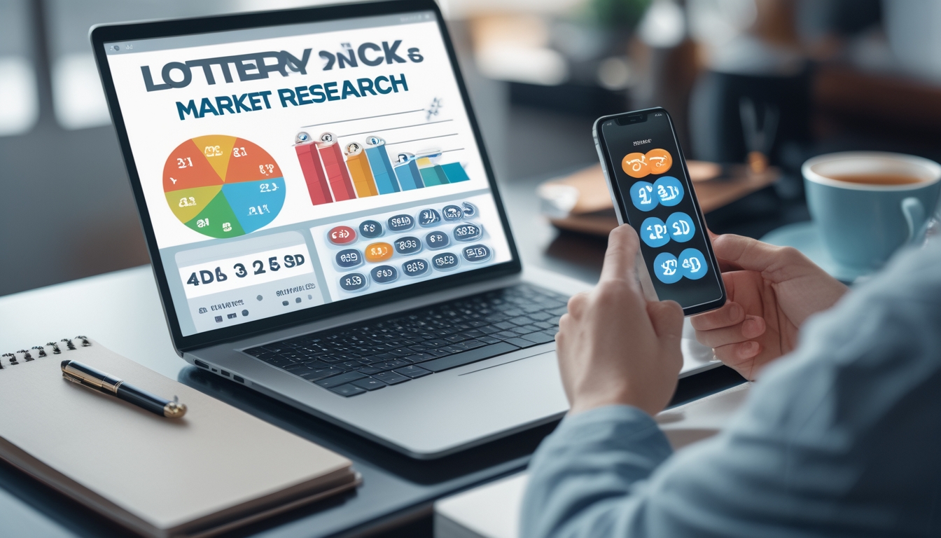 Meja kerja modern dengan laptop dan ponsel yang menampilkan data dan aplikasi terkait togel online.