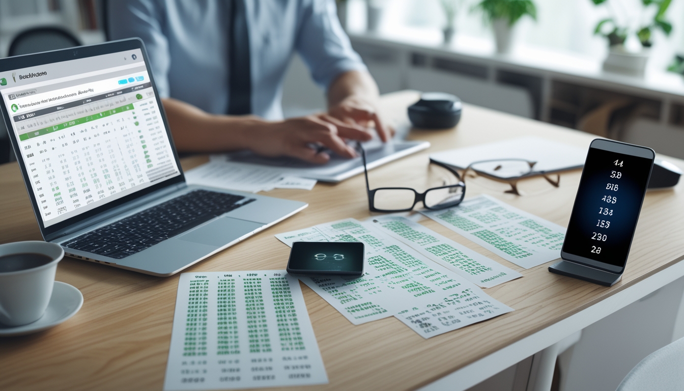 Seorang profesional muda sedang memeriksa data togel menggunakan laptop dan ponsel di meja kerja yang rapi.