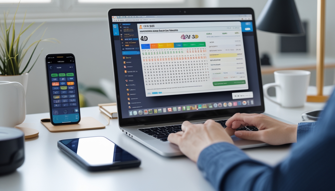 Seseorang menggunakan laptop di meja kerja untuk memeriksa hasil togel online dengan tampilan layar yang menampilkan angka dan grafik togel.