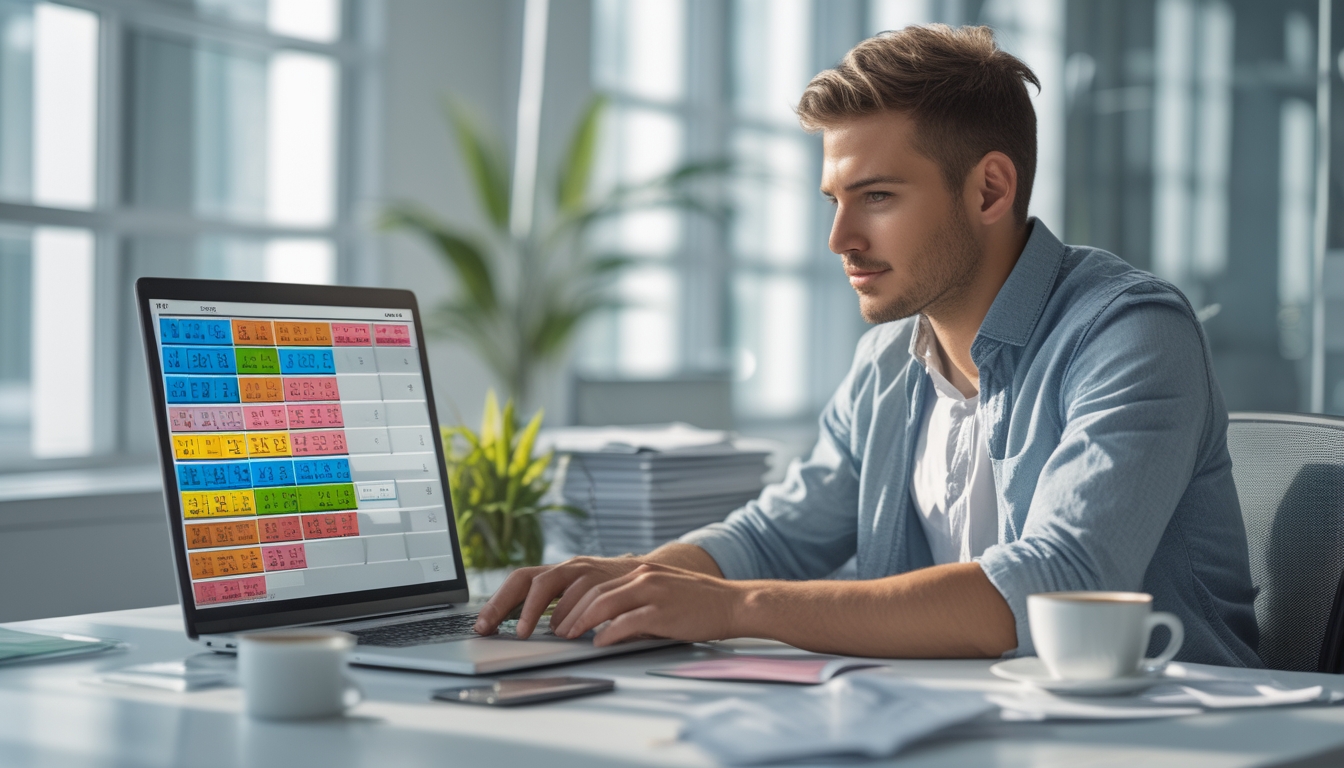 Seorang pria muda duduk di meja kantor modern sambil melihat layar laptop dengan grafik dan angka, dengan ponsel dan cangkir kopi di meja, di ruangan terang dengan jendela besar.