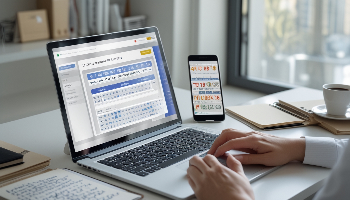 Meja kerja dengan laptop dan smartphone yang menampilkan data angka togel, tangan seseorang sedang menggunakan laptop, suasana terang dengan cahaya alami.