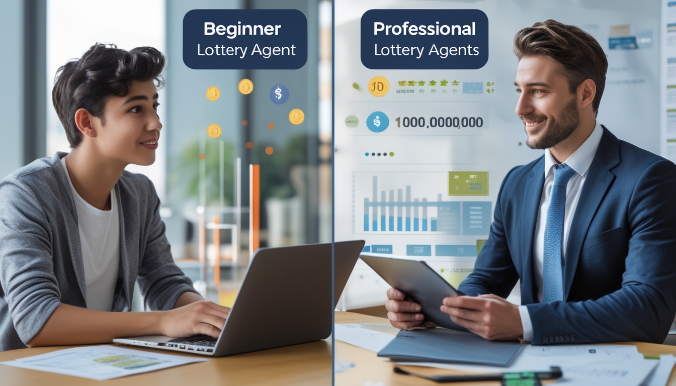 Dua agen togel sedang bekerja, satu pemula dengan laptop dan catatan, satu profesional dengan tablet di kantor modern.