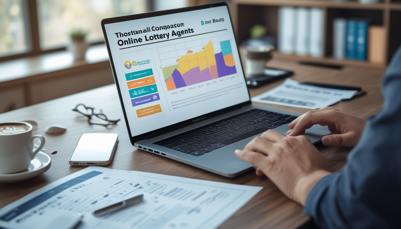 Seseorang sedang menggunakan laptop dan smartphone di meja kerja dengan dokumen dan grafik yang menunjukkan perbandingan agen togel online.