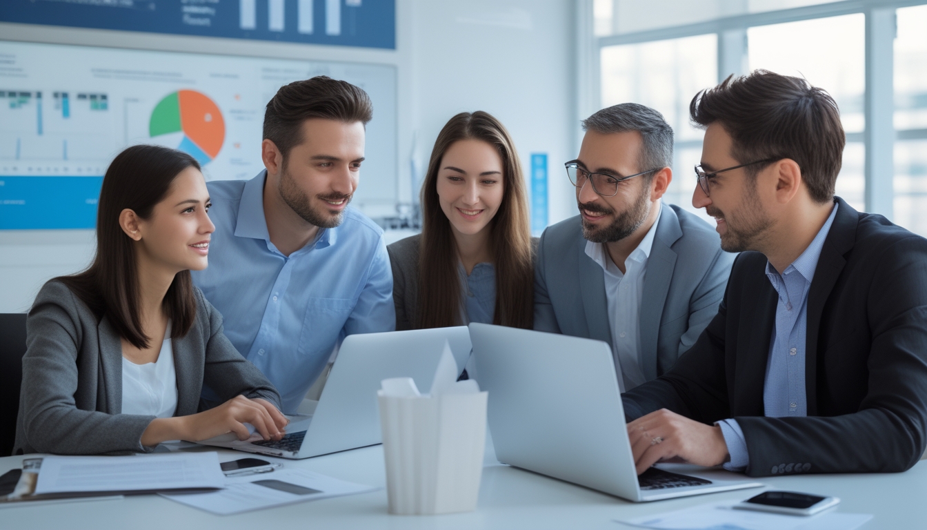 Sekelompok orang sedang berdiskusi serius di meja kantor dengan laptop dan dokumen, membandingkan pilihan agen togel.