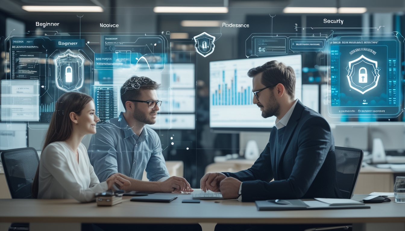 Dua kelompok orang di kantor modern dengan teknologi tinggi, satu kelompok pemula dan satu kelompok profesional yang menggunakan sistem keamanan digital untuk agen togel.