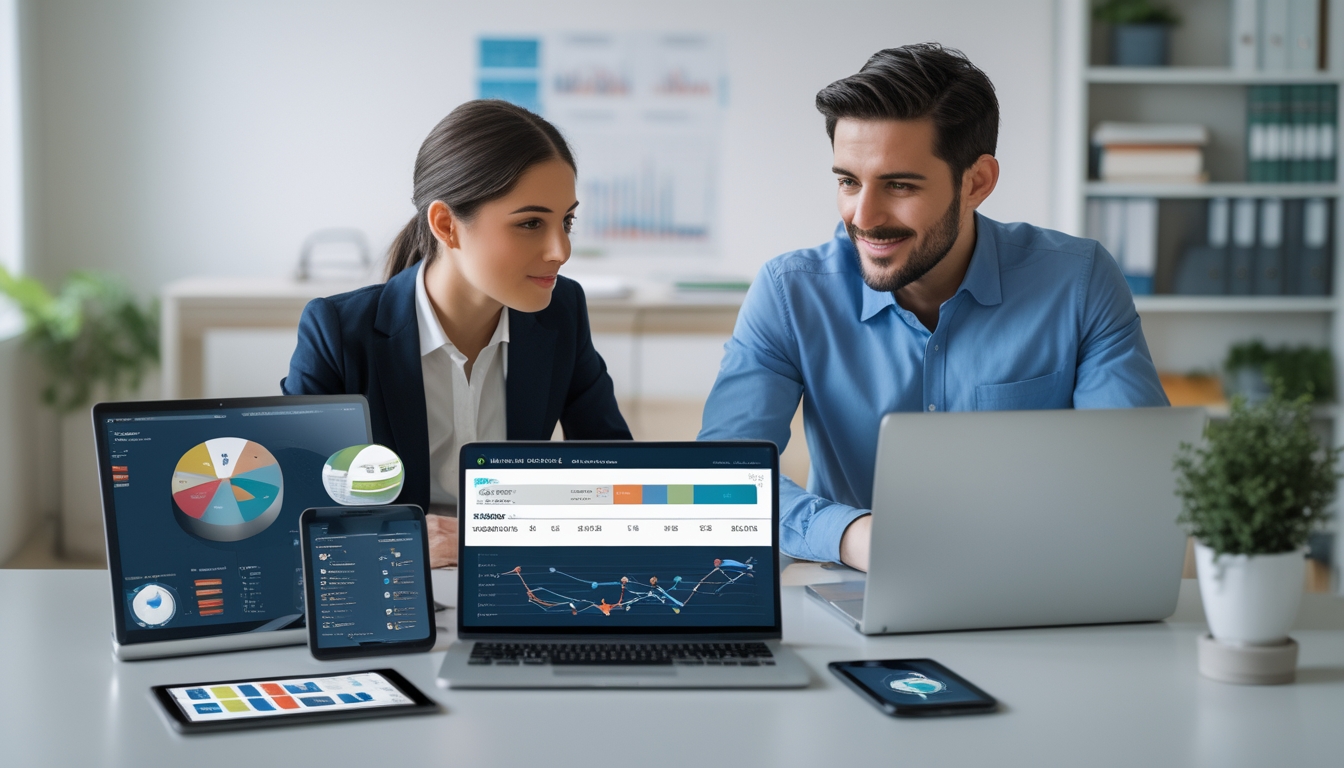 Dua orang sedang berdiskusi serius di kantor modern dengan perangkat digital yang menampilkan data dan tabel perbandingan.