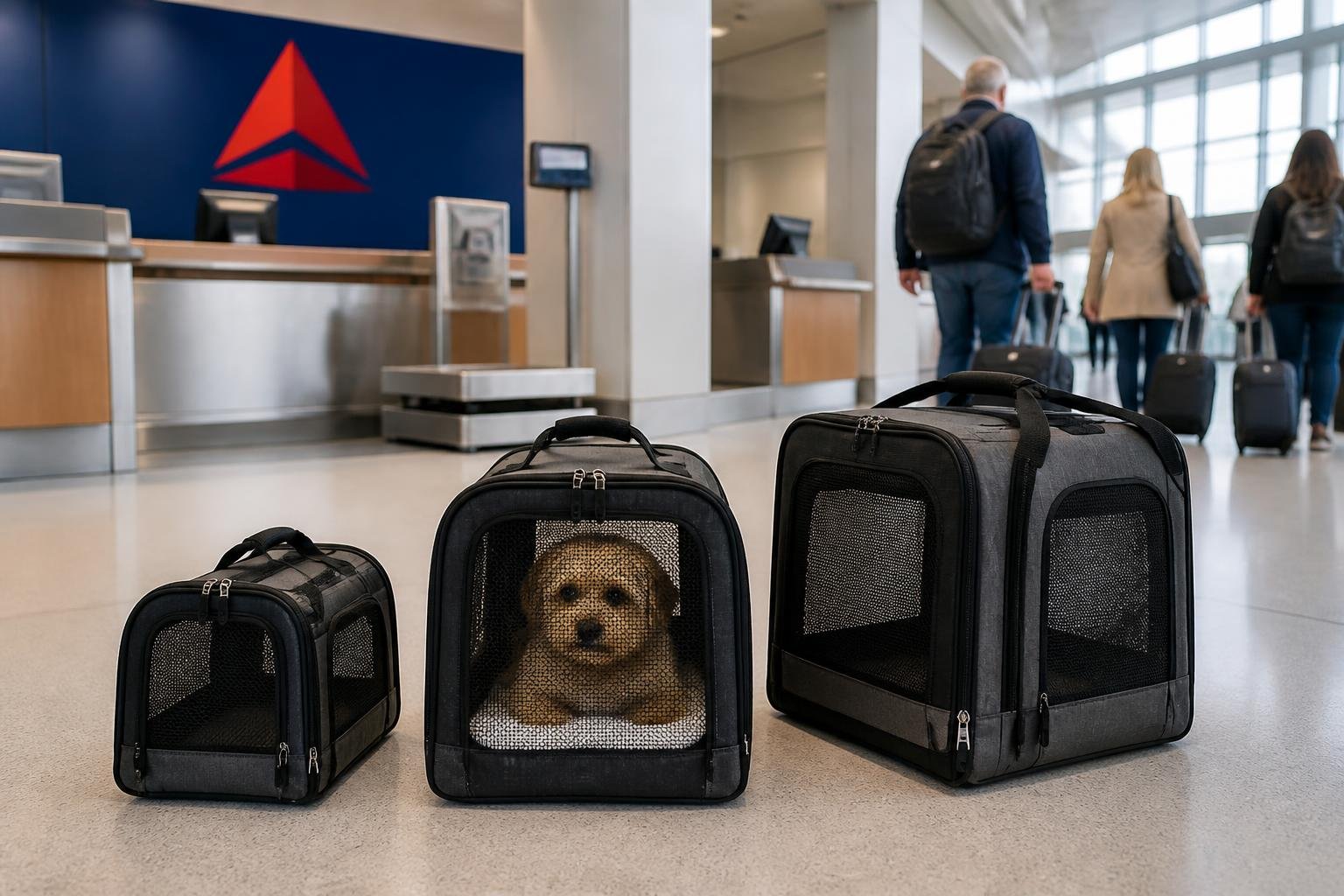 Three different sized pet carriers displayed near a Delta Airlines check-in counter with a small dog sitting inside one of the carriers.