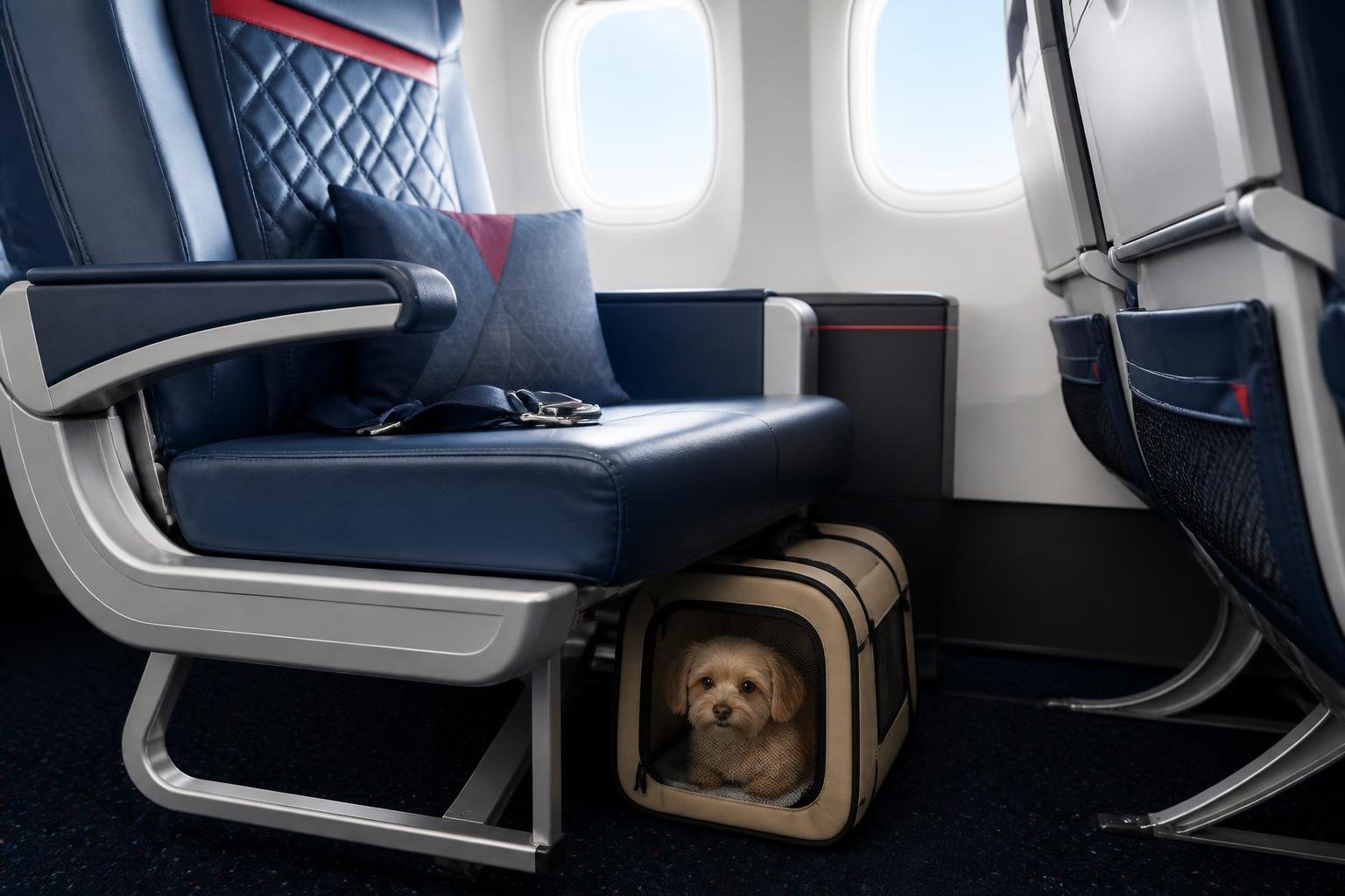 Airplane cabin seat with a small pet carrier under the seat containing a calm dog, illustrating pet travel accommodations.
