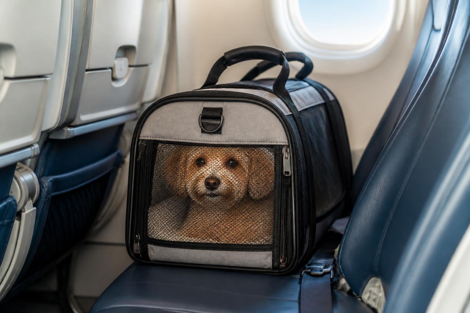 A small dog resting inside a pet carrier placed on an airplane seat near a window.