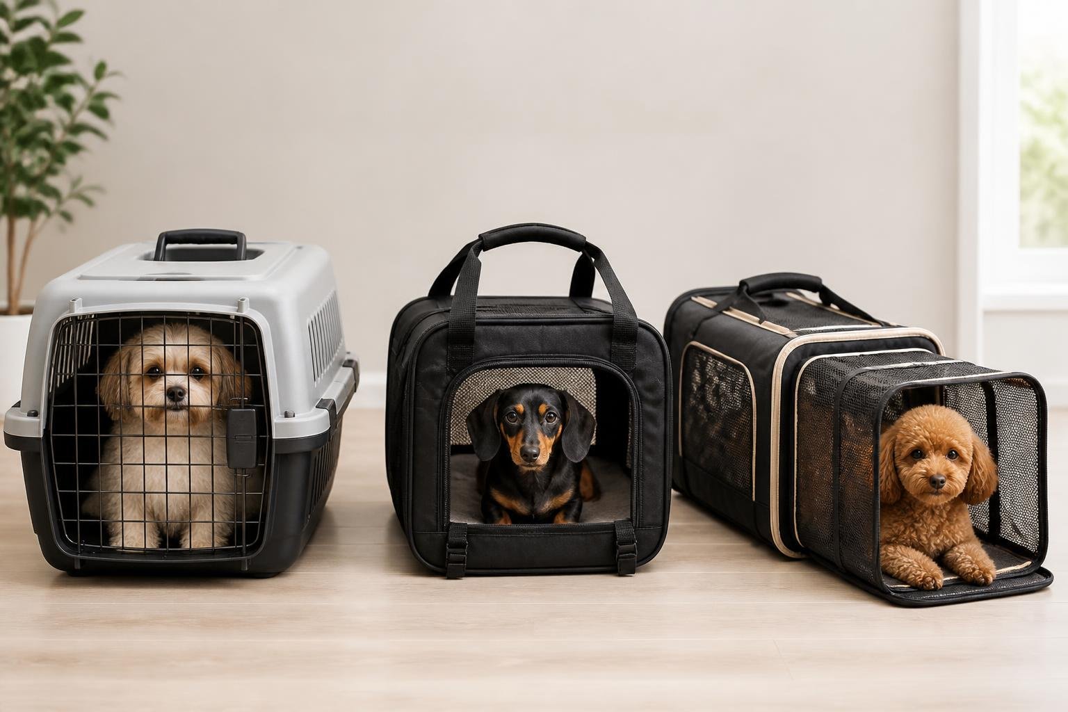 Three different airline-approved dog carriers displayed side by side with small dogs, showing their features in a clean indoor setting.