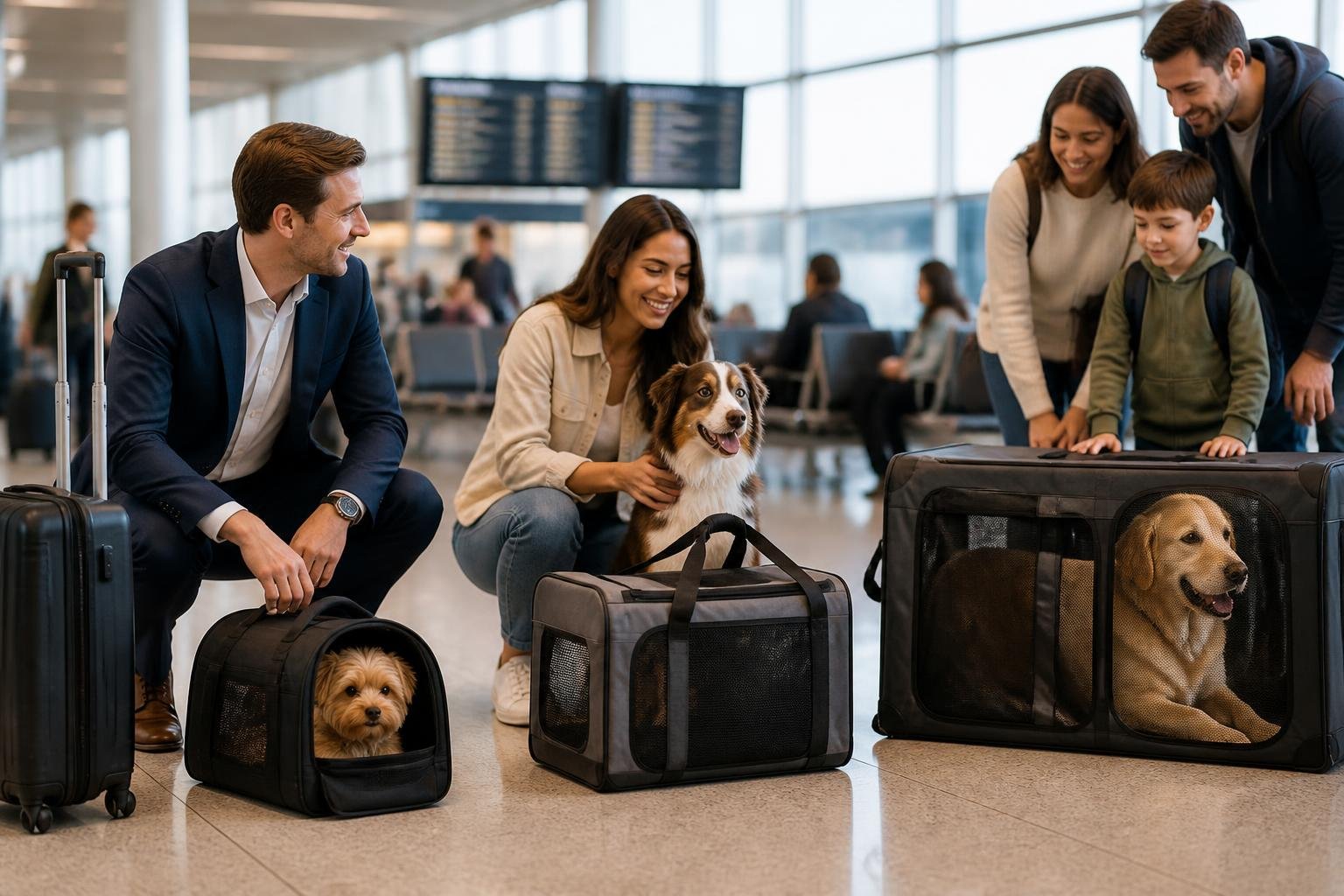 Travelers at an airport with different airline-approved dog carriers holding small to medium dogs, preparing for a flight.