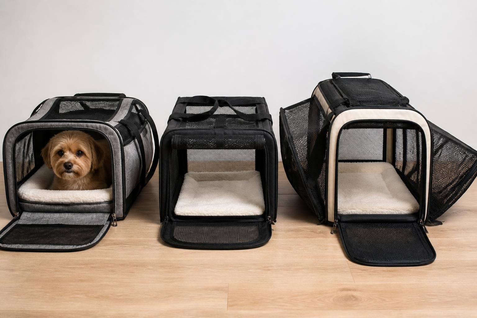 Three different airline-approved dog carriers displayed side by side with a small dog inside one of them.