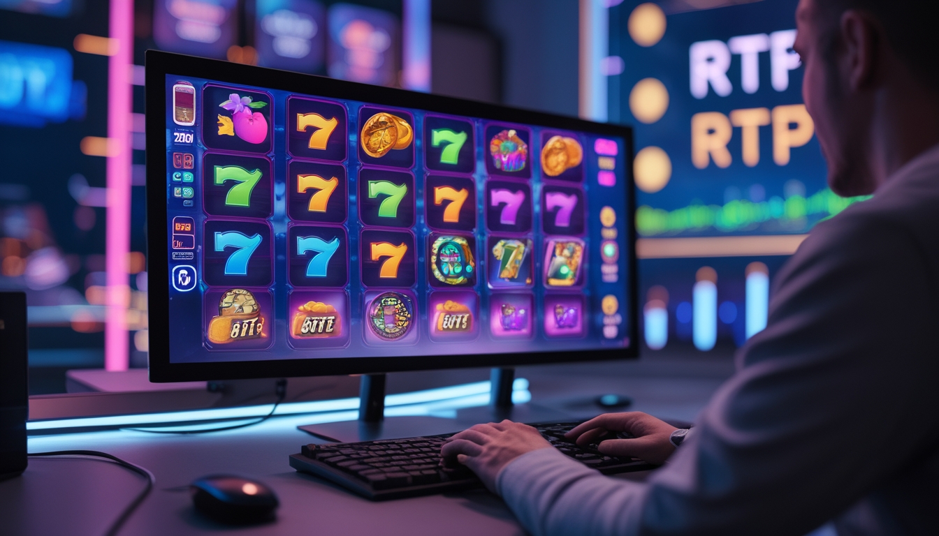 Seorang pemain sedang menggunakan komputer dengan layar menampilkan permainan slot online yang berwarna-warni dan simbol berputar, menunjukkan suasana permainan kasino digital.