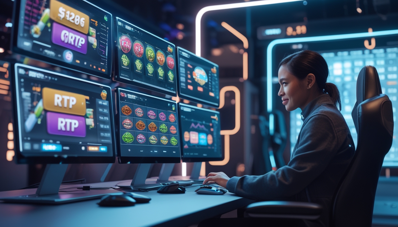 Seorang pemain dewasa sedang bermain mesin slot online dengan beberapa layar digital menampilkan grafik dan data RTP di ruangan yang terang dan modern.