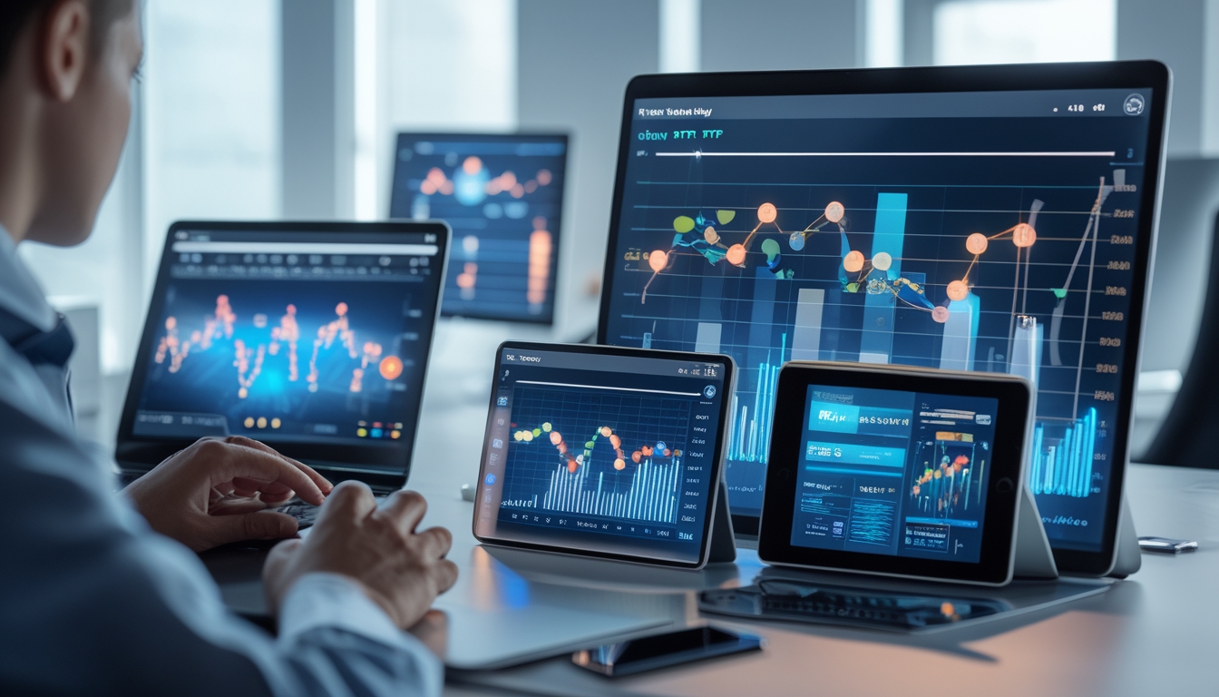 Seorang profesional menggunakan beberapa perangkat digital di meja kerja yang menampilkan grafik dan data statistik secara real-time.