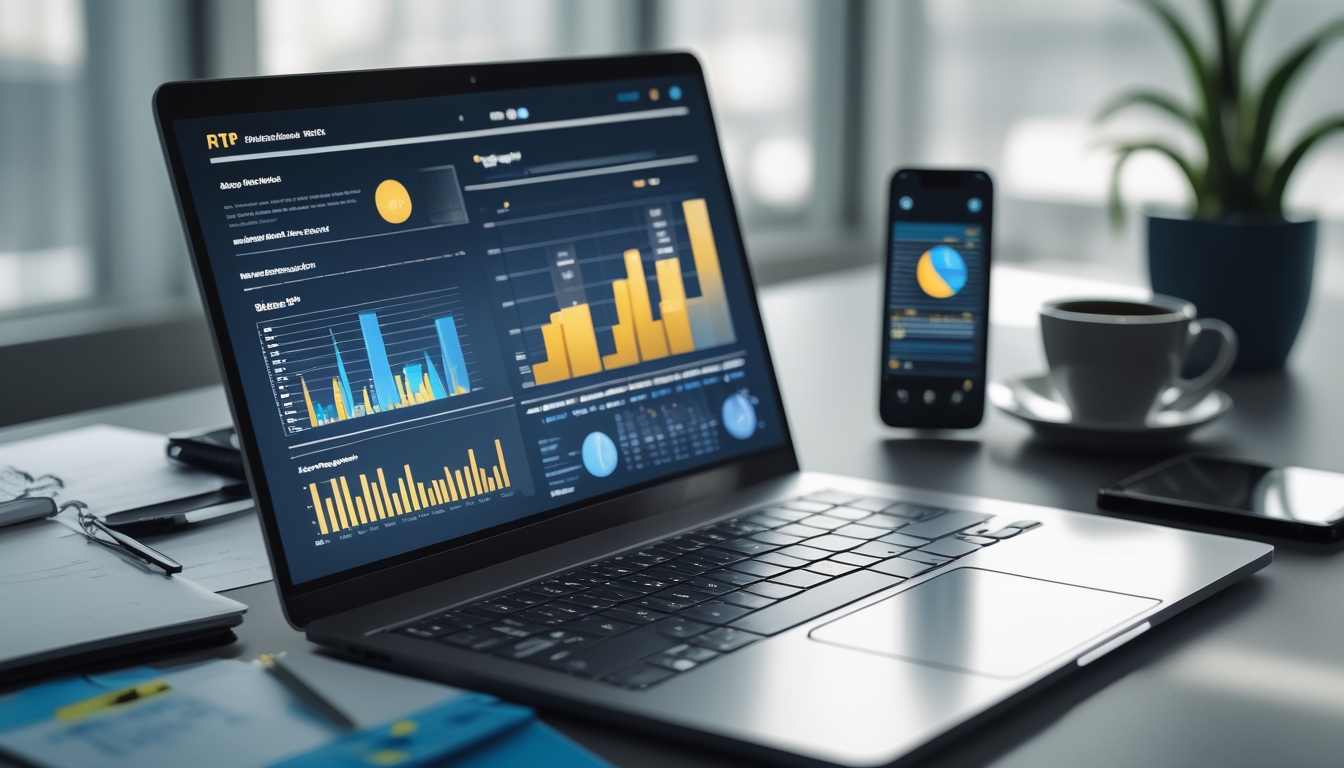 Seorang profesional bekerja dengan laptop yang menampilkan grafik dan data statistik RTP online terbaru di sebuah meja kerja yang rapi.