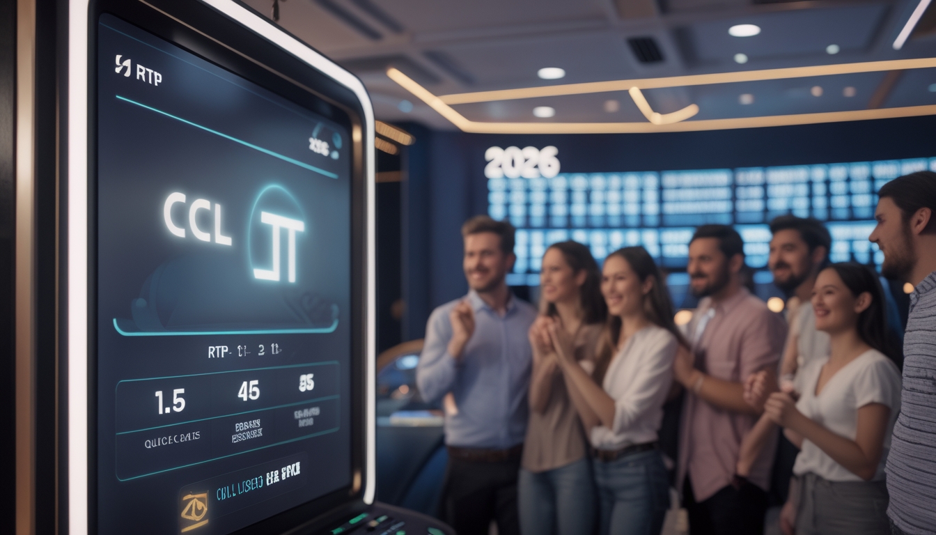 Beberapa orang mengamati layar mesin slot digital modern di kasino dengan ekspresi senang dan antusias.