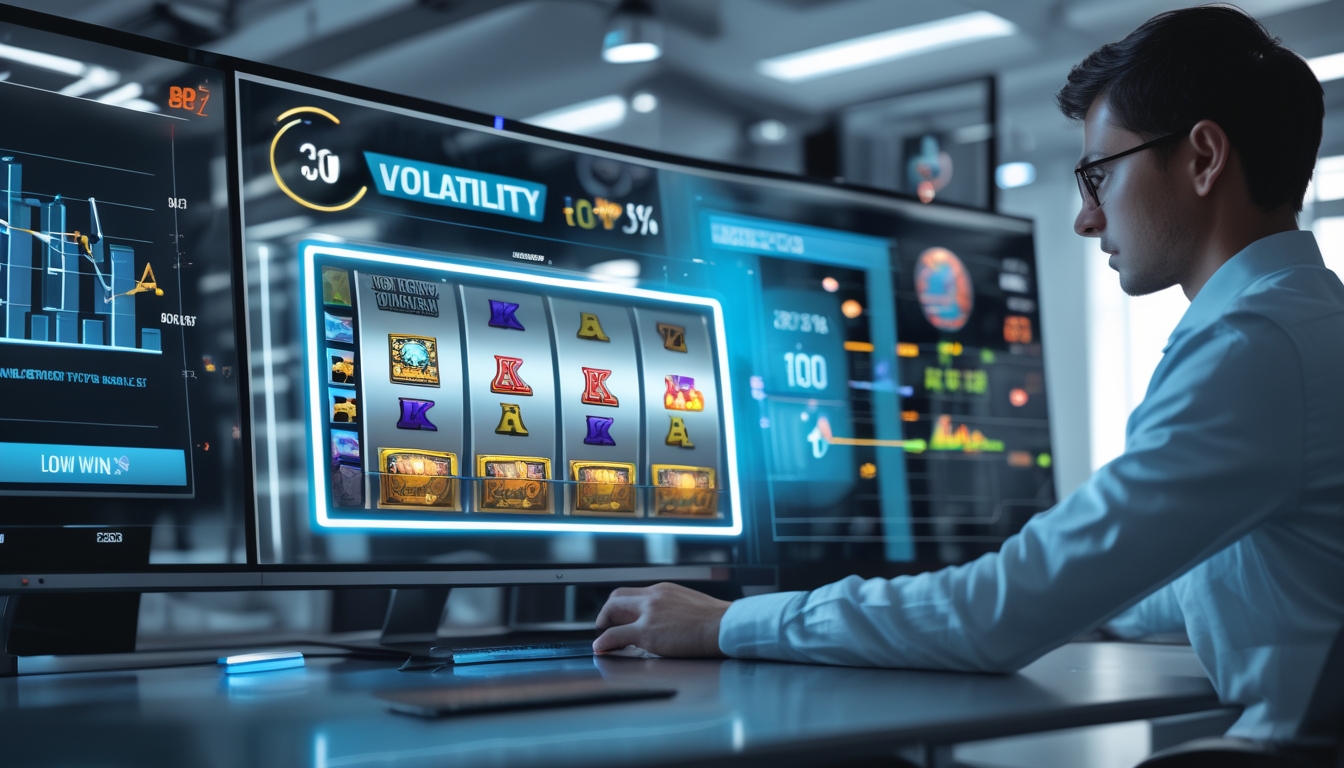 Seorang profesional menganalisis data slot online dengan layar digital dan grafik di ruang kerja modern.