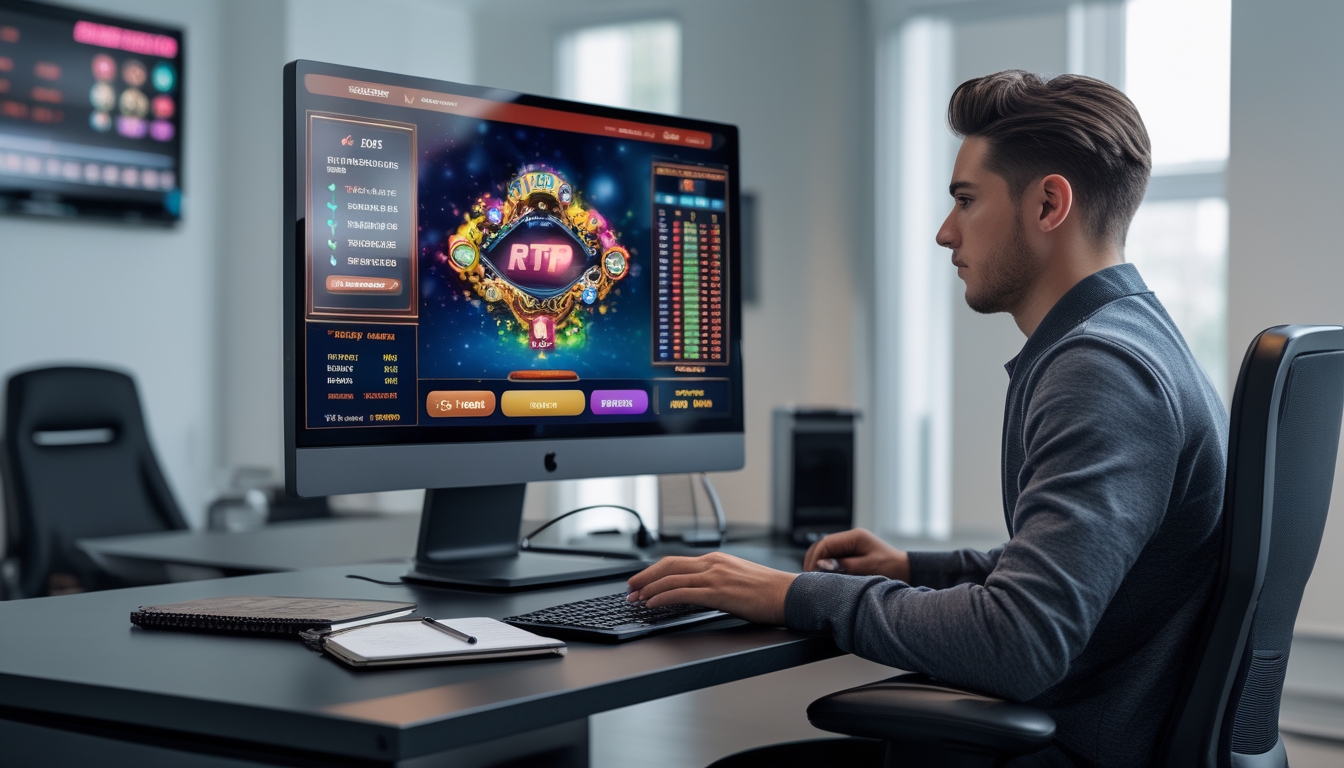Seorang pria muda duduk di depan komputer yang menampilkan permainan slot online dan grafik statistik RTP, sedang fokus mempelajari data sebelum bermain.
