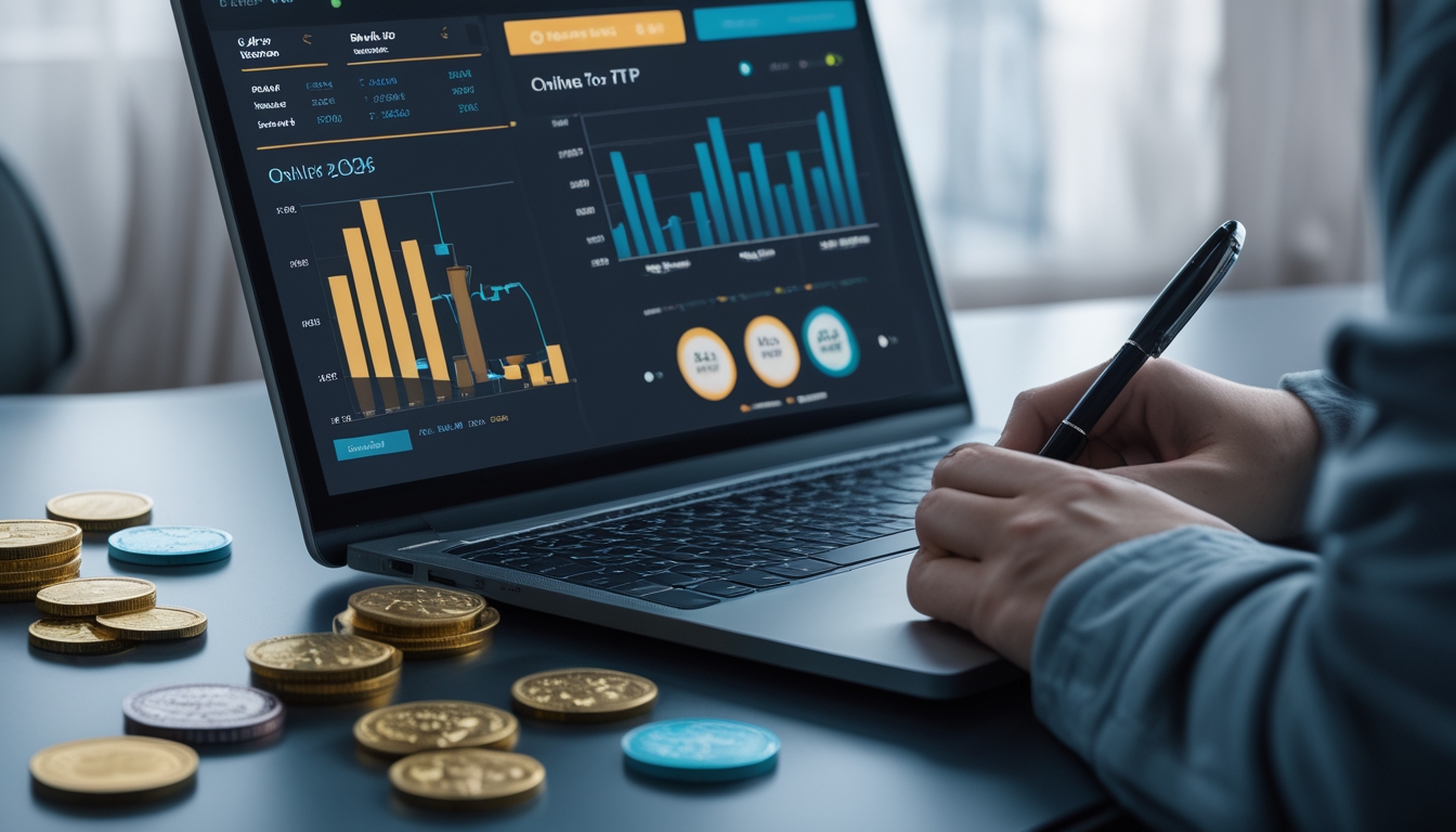 Meja kerja dengan laptop yang menampilkan grafik RTP, koin dan token permainan, serta tangan seseorang yang sedang menganalisis data.