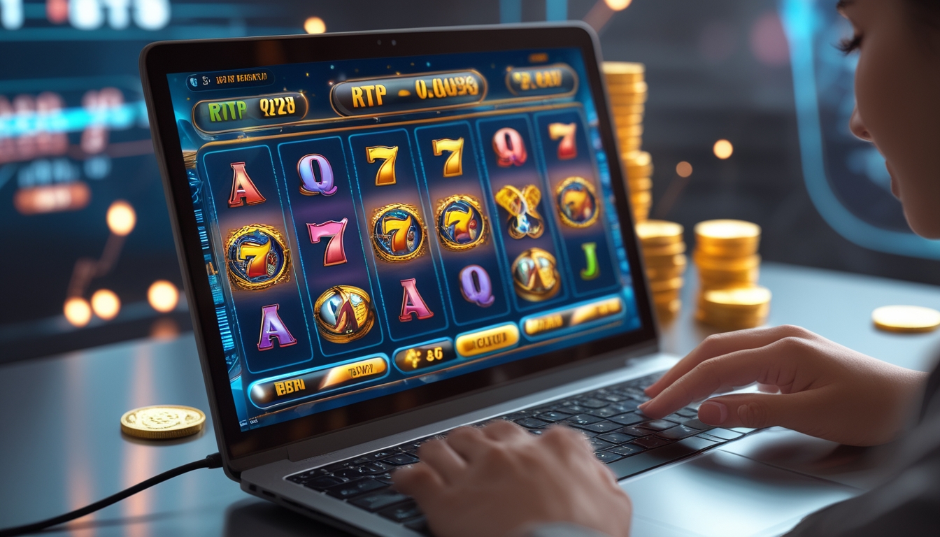 Seseorang bermain game slot online di laptop dengan tampilan layar penuh simbol mesin slot dan latar belakang digital futuristik.